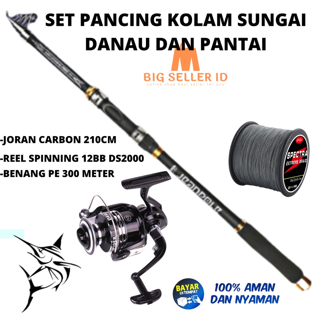 Paket Pancing Mania Joran GHOTDA 210cm Reel Spinning 12 Ball Bearing DS2000 Satu Set Bonus Benang PE