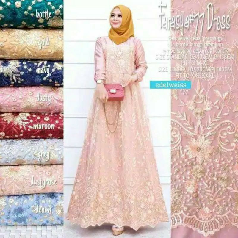FARASYA (ADA JUMBO) GAMIS BROKAT FARASYA JUMBO  LD 120 DAN STANDAR LD 102 CM GAMIS TILE BORDIR MUTIARA GAMIS PESTA-PEACH / SALEM