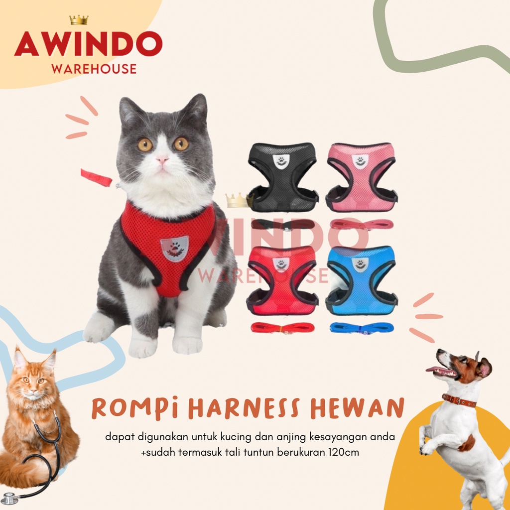 ROMPI KUCING ANJING - Baju Rompi Harness Vest Rompi + Tali Tuntun Kucing Anjing