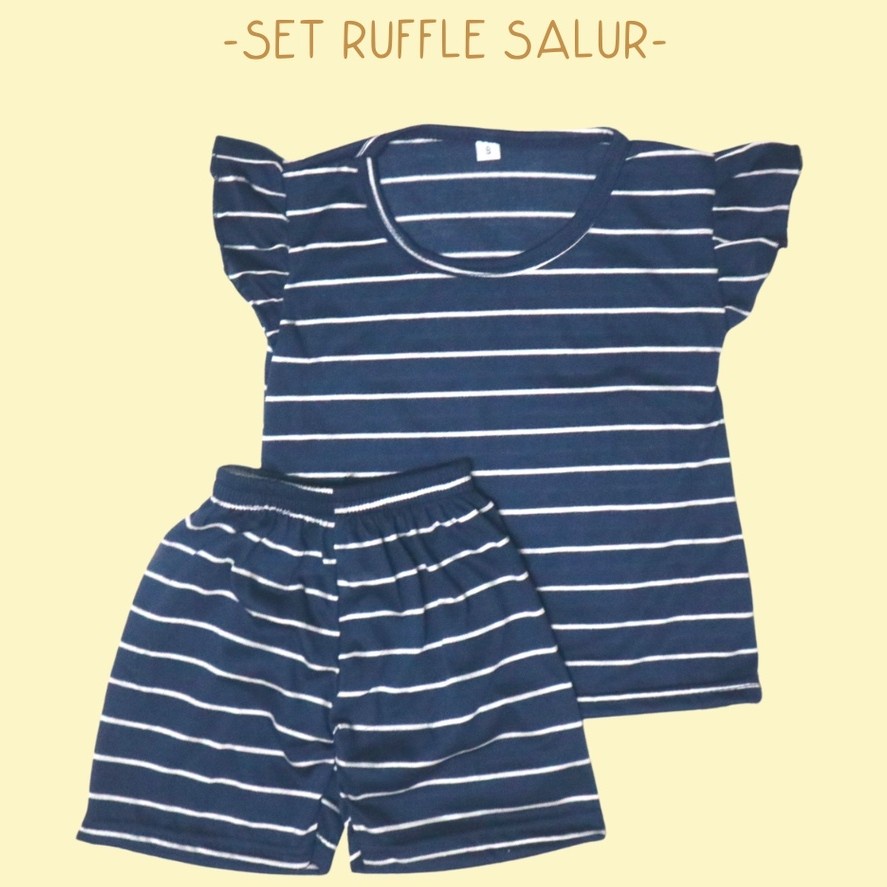 DK SETELAN RUFFLE SALUR / Set Baju + Celana Pendek Garis Anak Perempuan Simple Harian