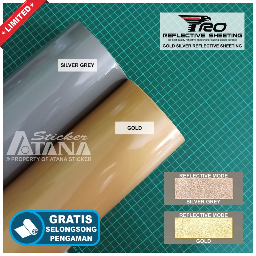 Bahan Stiker Cutting Gold Silver Pro Reflective Sheeting Skotlet Nyala Emas Printing Sticker Material Scotchlite Scotlet Reflektif Sechotlite Memantulkan Cahaya Flash Malam Hari Mata Kucing Prolite Mesin Plotter