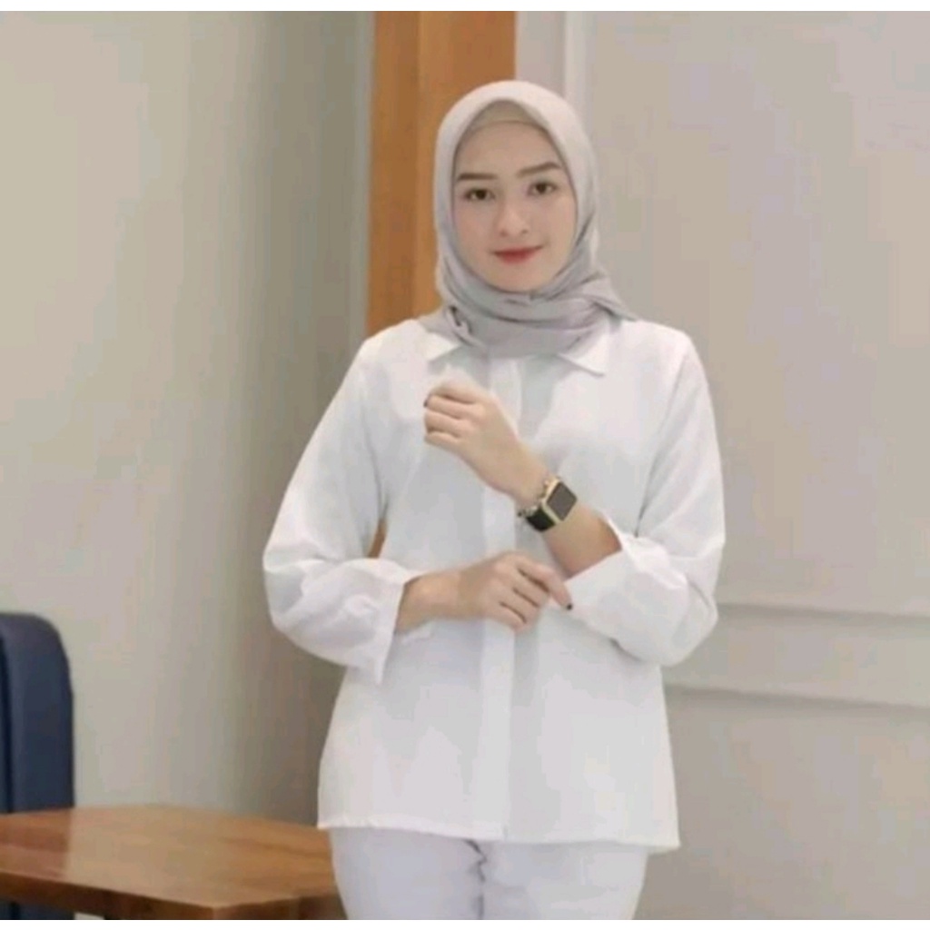 Kemeja wanita Putih Baju Kemeja Wanita Casual Hem Polos Cewek Kerja Kantoran Kuliah Kekinian Terbaru-putih