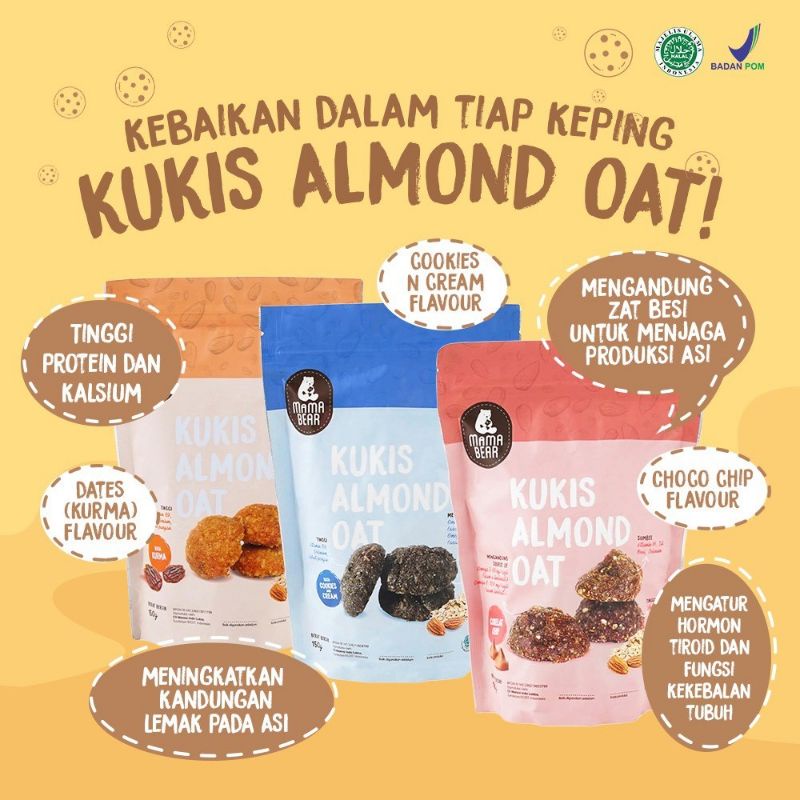 [Best Seller] Kukis Almond Oat Mama Bear 150 gr Choco Chip, Cookies n Cream, Kurma - Cookies Almond Mama Bear