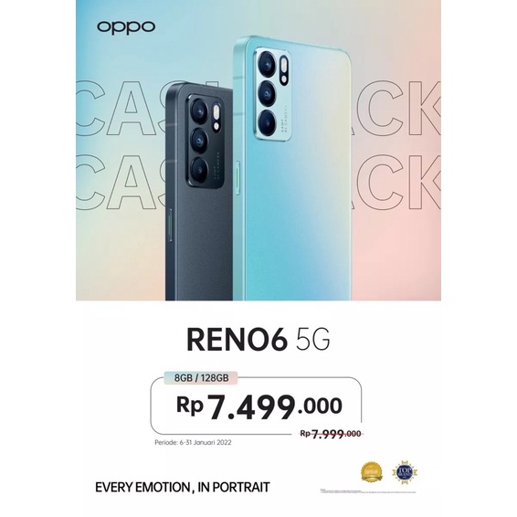 OPPO RENO 6 5G 8GB* + 128GB Garansi Resmi