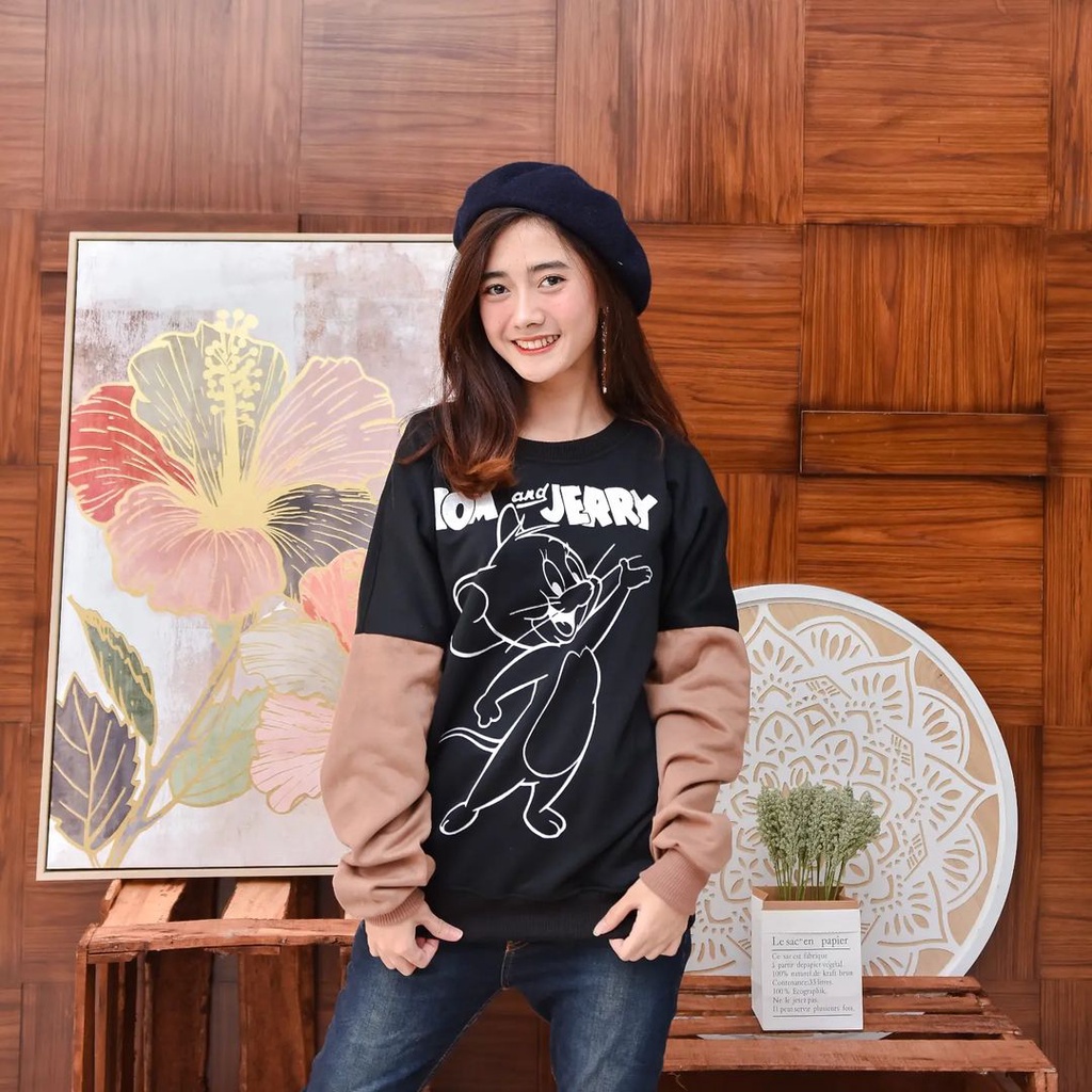 Tom &amp; Jerry Sweatshirt Atasan Unisex Mix Warna Hitam Mocha Terbaru