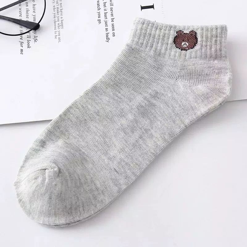 kaos kaki pendek matakaki motif beruang kaos kaki wanita dewasa motif brown/panda bahan lembut termurah-Abu muda