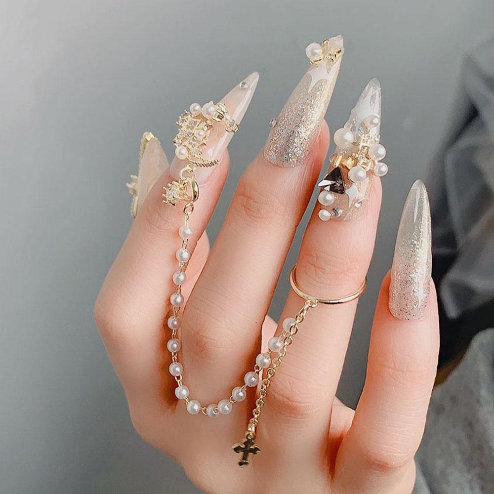 AUGUSTINA Agustin 3D Nail Art Rhinestones Fashion Rantai Manikur Aksesoris Mutiara Paduan Liontin