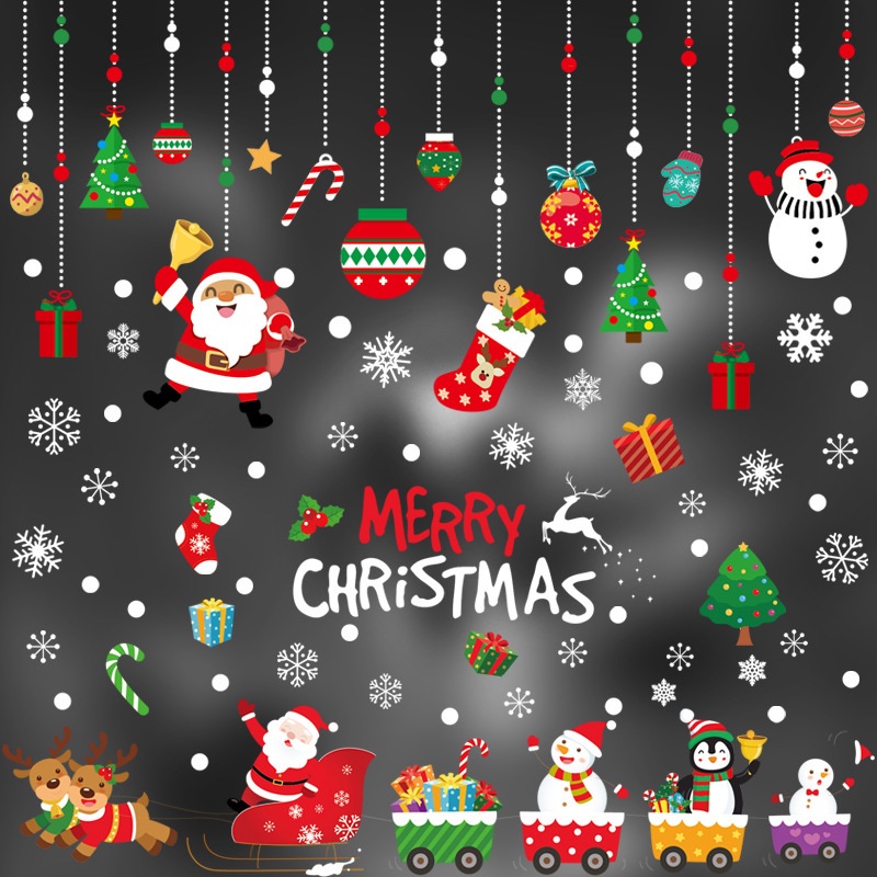 Cartoon Santa Claus Snowman Christmas Window Sticker / Merry Christmas Glass Decor For Home New Year Party / Xmas House Decorations