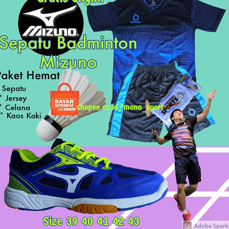 Model Baru WAFU0 Sepatu Badminton Pria Mizuno Original Paket Sepatu Jersey Celana Kaos kaki W100 Ter