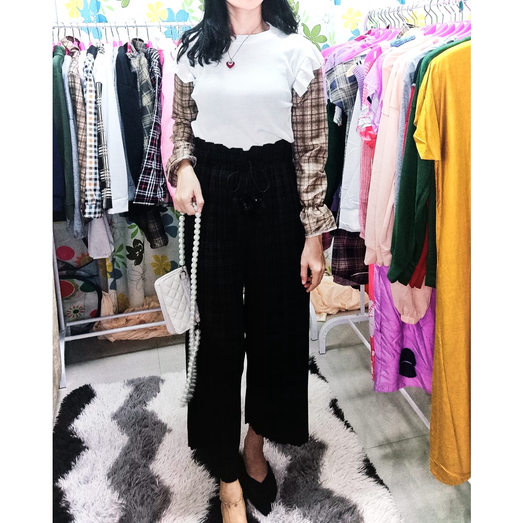 Mindy Ruffle Combine Top Wanita Korean Style - Blouse Lengan Baloon Ruffle Wanita- RIB