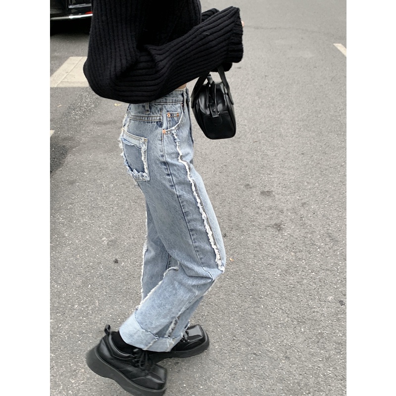 Suhao raw edge jeans pinggang tinggi celana lurus longgar celana pel kaki lebar