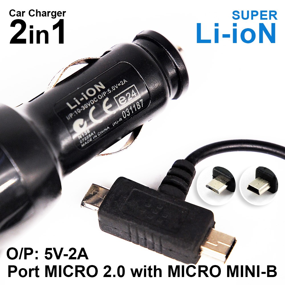 CHARGER MOBIL CHARGER COLOKAN MOBIL CAR CHARGER LI-ION 2IN1 BERY MICRO AND MINI B 2A