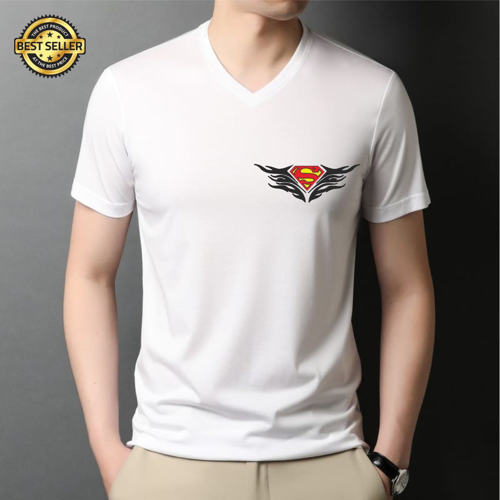 KAOS LEHER V-NECK DISTRO GAMBAR LOGO SUPERMAN SIMPLE BAJU DEWASA T-SHIRT SIMPEL BASIC