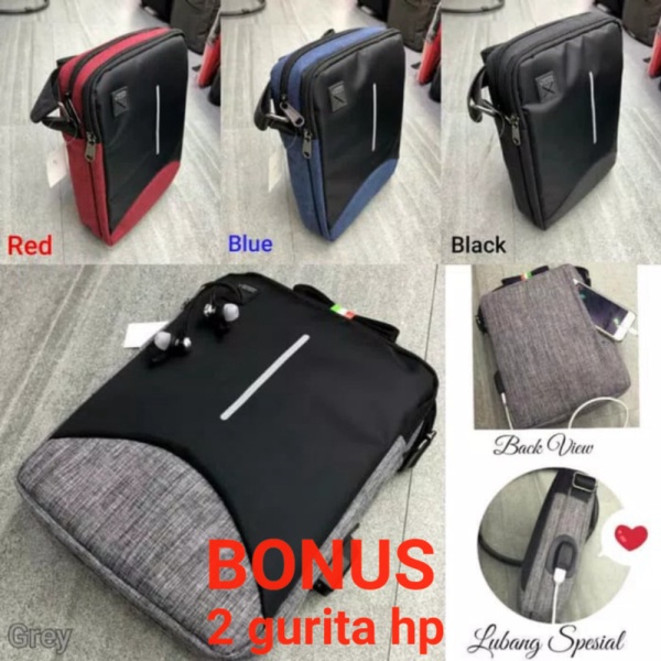 Unik GARIS Tas Selempang Serbaguna Usb Port Hole Fashion Sporty Cowok Pria Limited