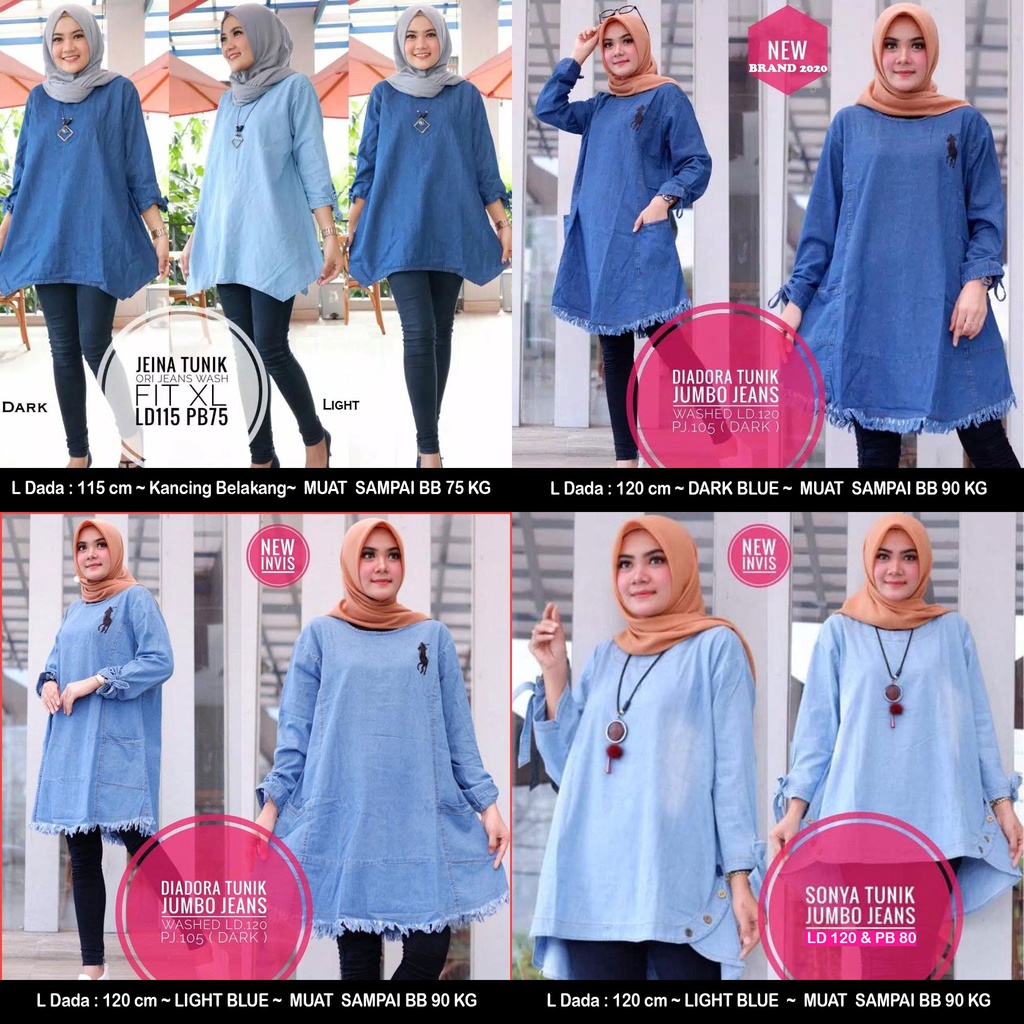 Tunik Jeans Jumbo. Tunik jeans Wanita  Kekinian Ukuran Jumbo LD 115 LD 120.  Tunik Jeans Terbaru 202