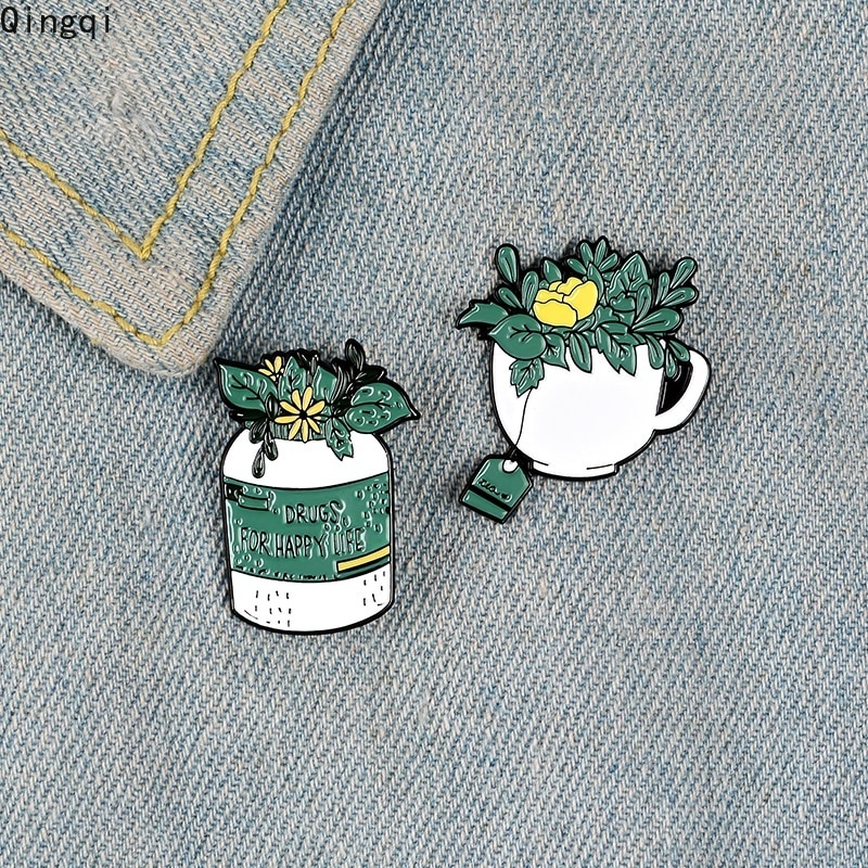 Bros Pin Enamel Desain Tanaman Hijau Drugs for Happy Life Untuk Pria Dan Wanita