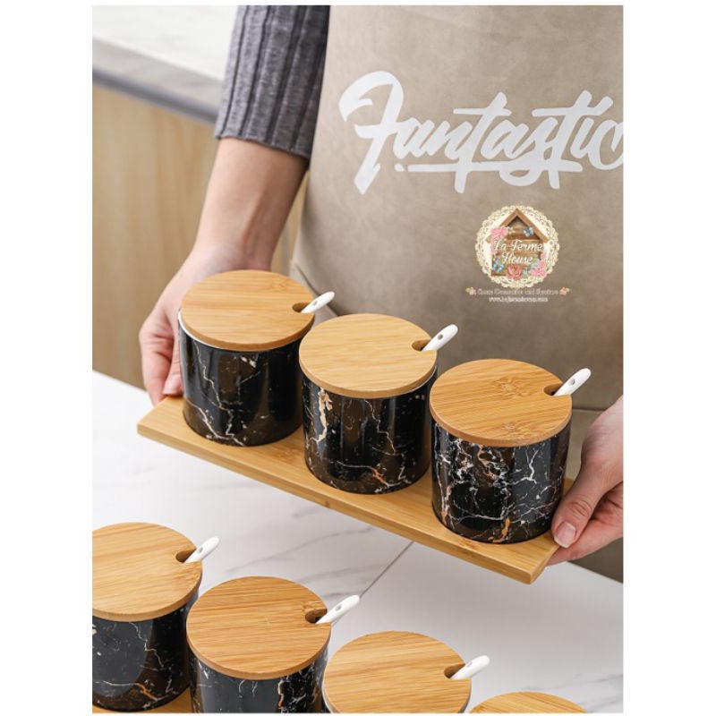 Tempat Bumbu Keramik Black Marble + Sendok + Tutup + Tatakan