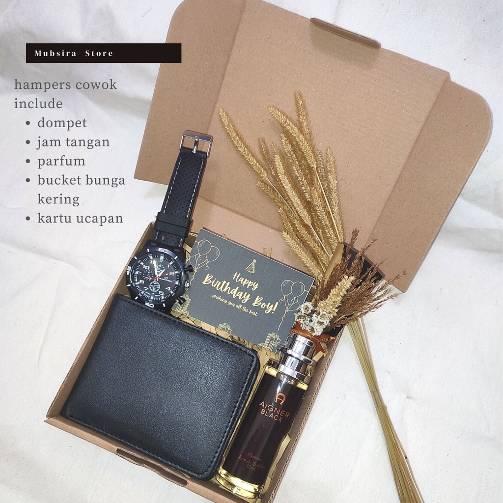 HAMPERS KADO ULANG TAHUN COWOK KEKINIAN KADO PRIA KADO WISUDA SOUVENIR KADO SEMPRO KADO ANNIVERSARY GIFT BOX PARSEL PARCEL DOMPET JAM TANGAN PARFUM COWO MURAH