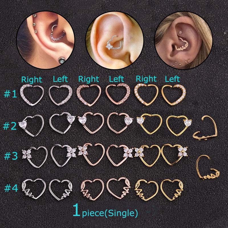 1piece Heart Copper with Zircon Earrings Pinna Daith Helix Piercing