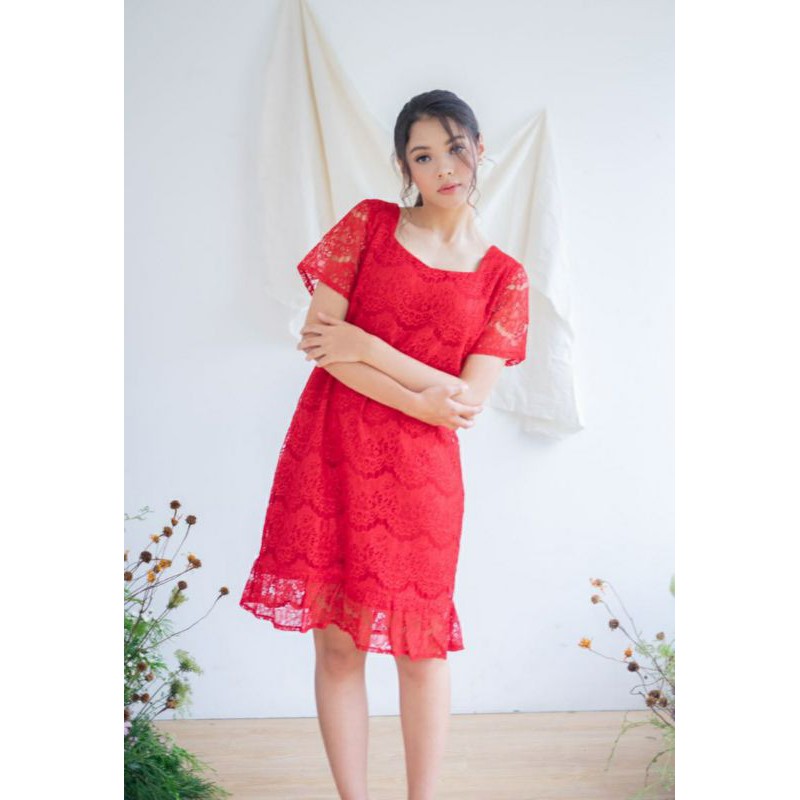 ⚡️ CLEARANCE SALE ♡ PREMIUM ♡ REAL PIC! RED ADAIRE BROCADE BOTTOM RUFFLE LACEY LOOSE DRESS