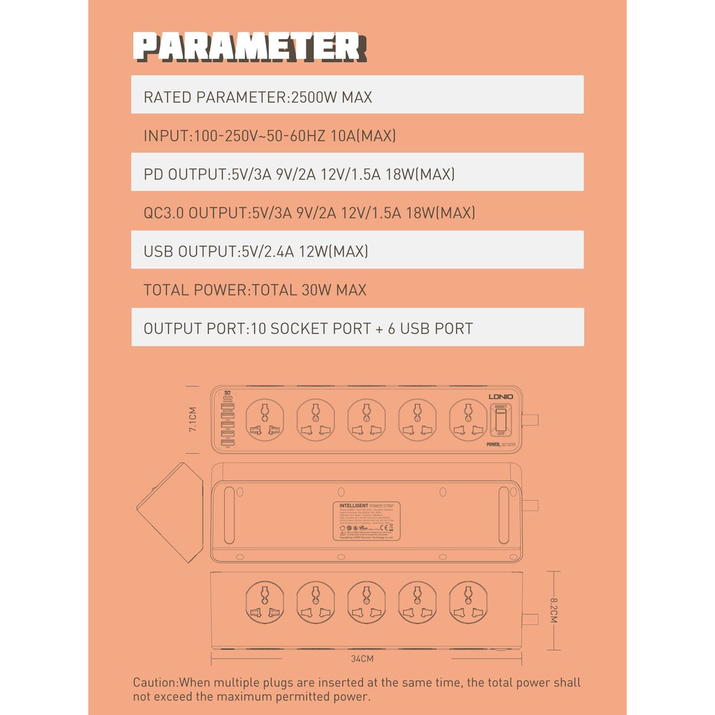 LDNIO SC10610 - Extension 10 Socket Plug + 6 USB Port 30W Max - Colokan Listrik Stop Kontak 10 Lubang &amp; 6 Port USB