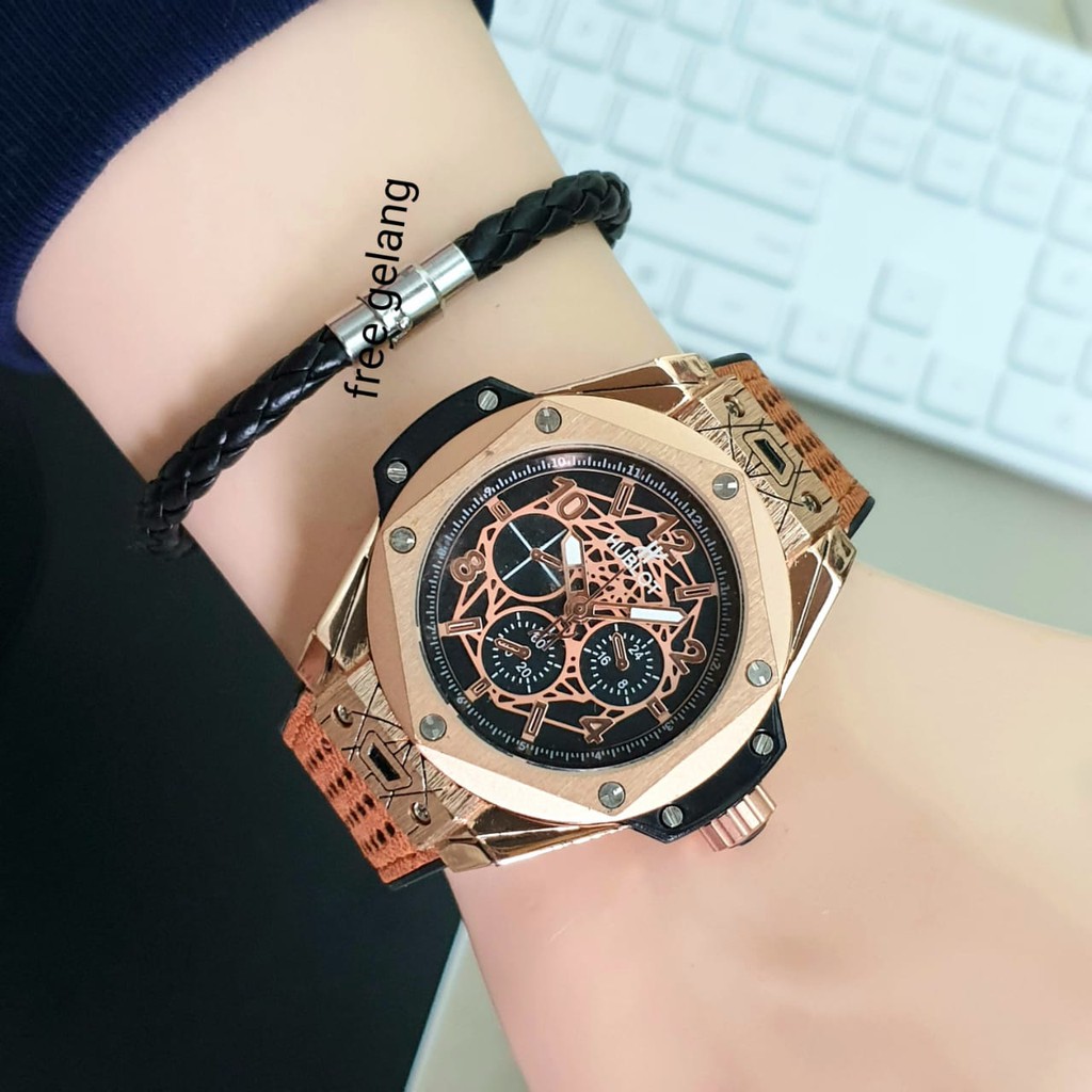 Jam Tangan Pria Import Keren Tali Kulit Free Gelang