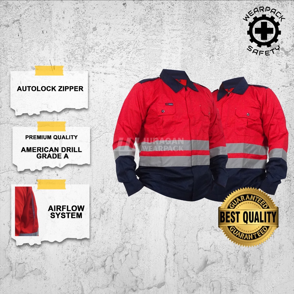 Wearpack Kerja Atasan / Baju Wearpack Safety Merah Kombinasi Biru Navy