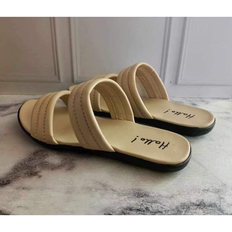 Hello Lovina Flat - Sandal Slop Wanita Puffy Empuk Slip On (Hello Strap 02)