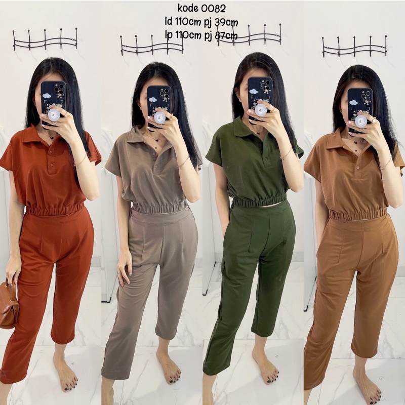 setelan wanita murah atasan kerah.oneset / 1set top &amp; pants babyterry polos import kode 0082