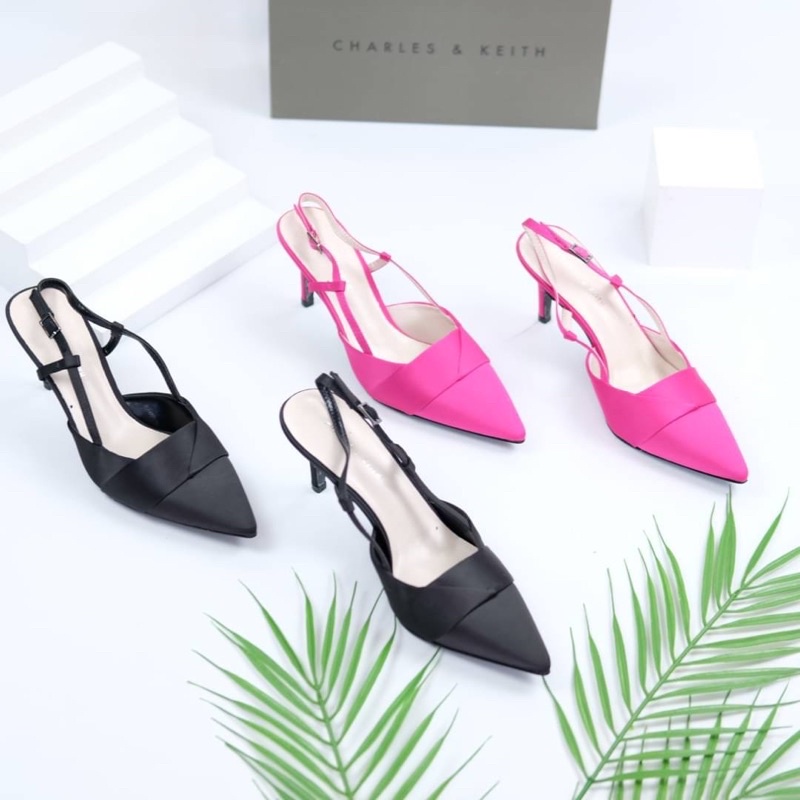 Sepatu Hak Tinggi Wanita Tali Belakang CK Platinum Satin Slingback Pumps High Heels 7cm Hitam Black 