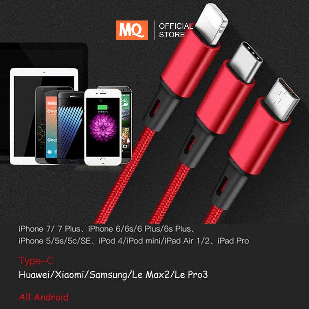 MQ Kabel Data usb cable 3in1 Fast Charger Micro USB + Type C + Lightning Original MQ-CB04