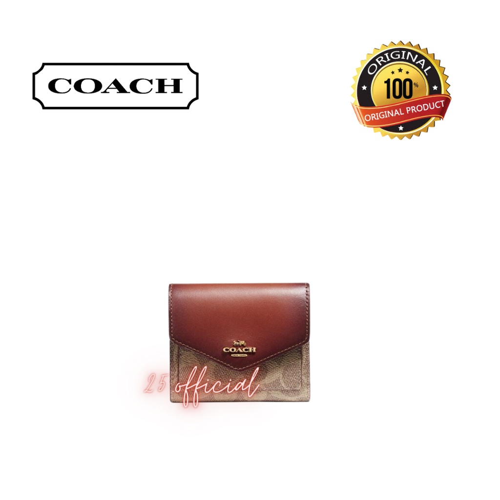 [ORIGINAL] COACH Small Wallet In Colorblock Signature Canvas Tan Rust / Coach Wallet / Coach Wallet 
