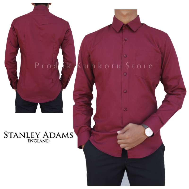 Pakaian Hem Kemeja Formal Stanley Adams 04 Slimfit Warna Merah Maroon Lengan Panjang   Polos Fashion