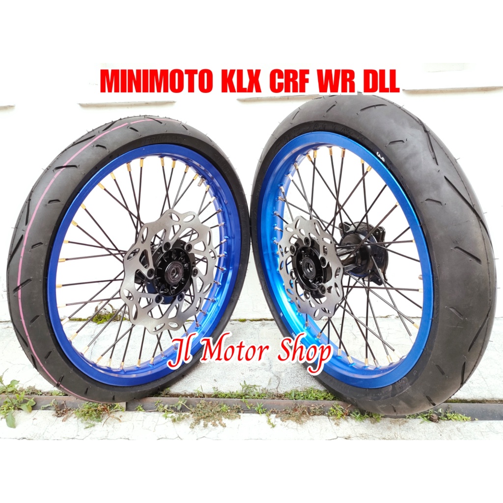 PAKET VELG  MINIMOTO SUPERMOTO MINI CRF 150 CRF150 KLX D-TRACKER 150 RING 17 SEMI CACING UKURAN PELEK KECIL PLUS BAN VELG KECIL PNP FREE PIRINGAN CAKRAM