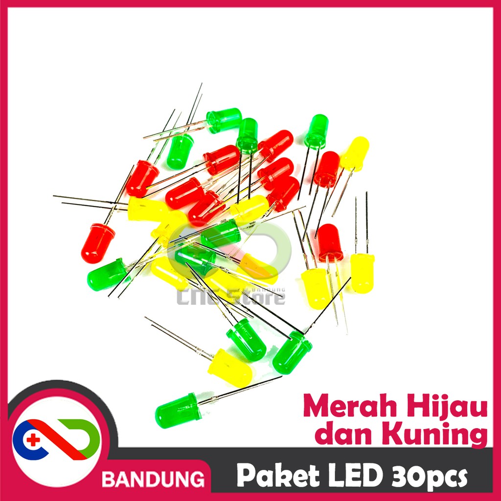 PAKET LED 5MM DIFFUSED 30PCS MERAH KUNING HIJAU