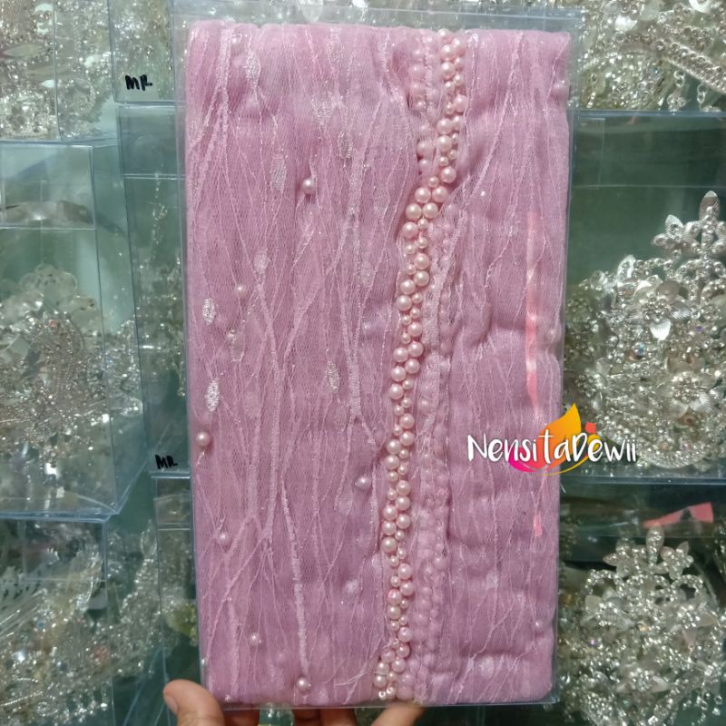 KERUDUNG PENGANTIN / VEIL MUTIARA MOTIF AKAR / VEIL MUTIARA POLOS / VEIL PENGANTIN-Baby Pink (Akar)
