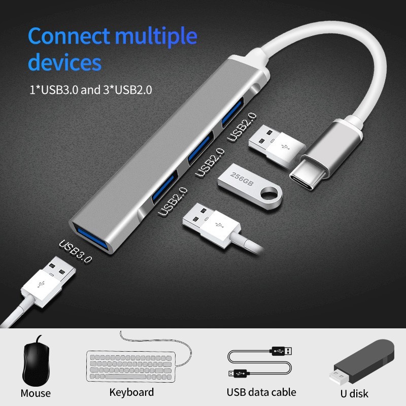 TYPE C  HUB 4 Port USB 3.0 Slim High Speed Bahan Aluminium Alloy