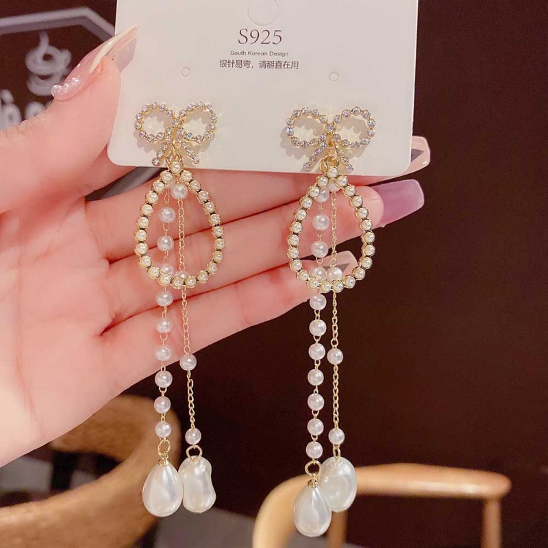 XiaoboACC Anting Tusuk Gantung Bahan Sterling Silver 925 Desain Pita + Mutiara Gaya Korea Untuk Wanita