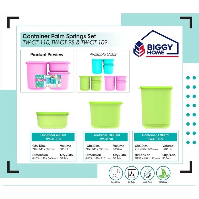 Toples Bulat Set Isi 3 Palm Spring Biggy / Toples Kue Makanan Serbaguna / Thinwall 600ml 1000ml 1700