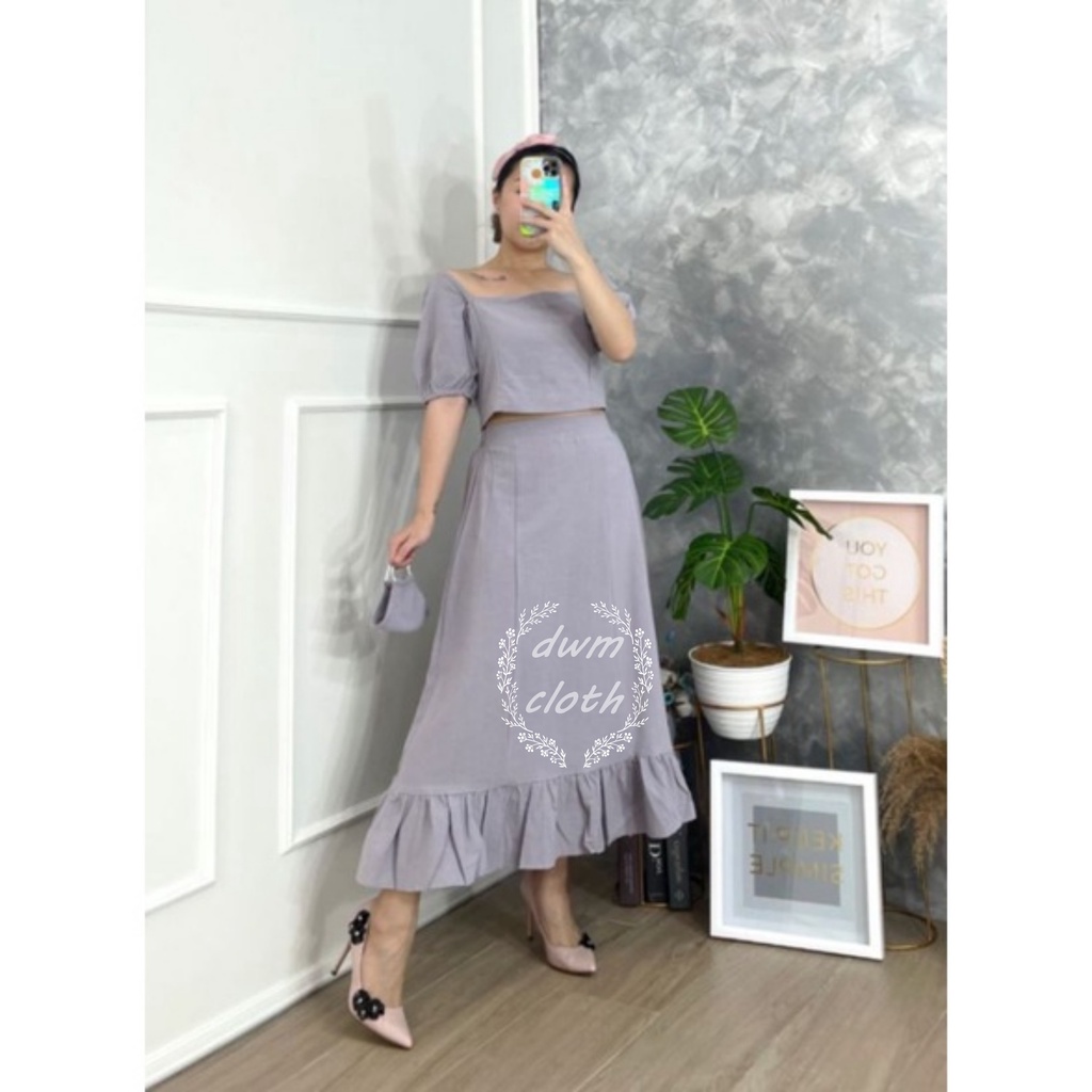 DRESS STL TISHYA Dres SABRINA SETELAN CROP TOP WANITA KOREA A LINE STYLE PARTY JUMBO BIG SIZE