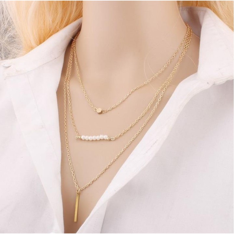 Kalung Rantai Tumpuk Wanita 3 Layers C135 PEARL Korea Fashion Women Necklace Alloy Multilayer