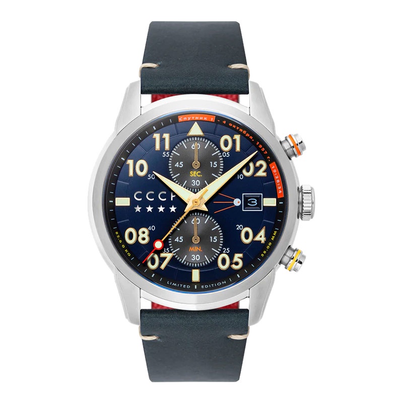 Jam Tangan Pria CCCP Sputnik CP-7098-01 Chronograph Blue Dial Leather Strap