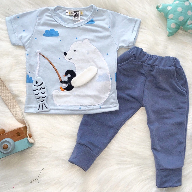 setelan jogger anak laki laki 1-3 tahun polar bear / blue dino jogger set kaos lengan pendek jogger panjang balita laki laki