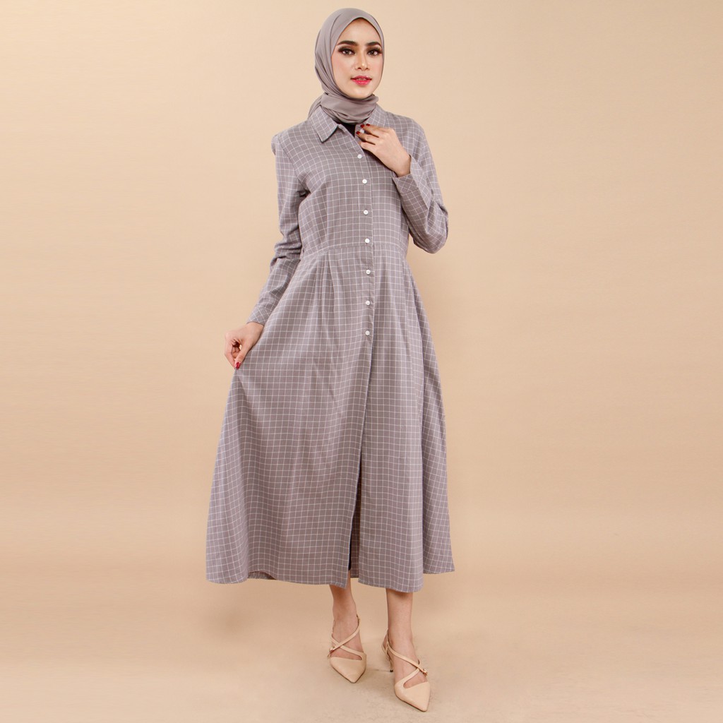 Benhill Gamis Wanita  Flannel Lengan Panjang Kotak Abu 0575-11630