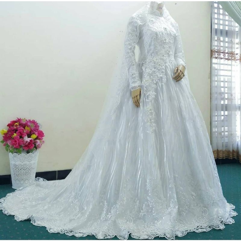 gaun pengantin muslimah syar'i gaun walimah gaun akad wedding dress muslimah syar'i