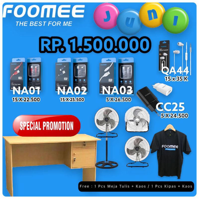 Promo Paket Bundling Free Meja / Kipas + Kaos FOOMEE ( NA01 + NA02 + NA03 + QA44 + CC25 ) Bonus Kabe