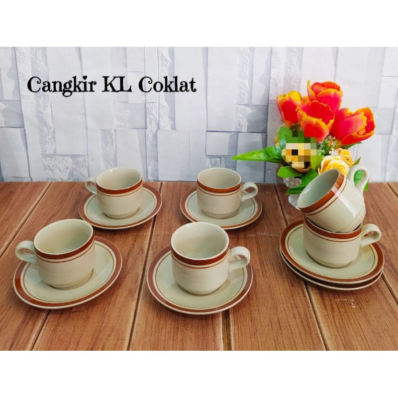 CANGKIR KERAMIK SET 6 PCS +TATAKAN WARNA COKLAT