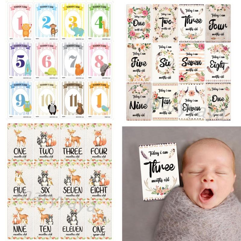 Mary☆ 12 Sheet Baby Monthly Milestone Cards Birth to 12 Months Photo Prop Moment Cards