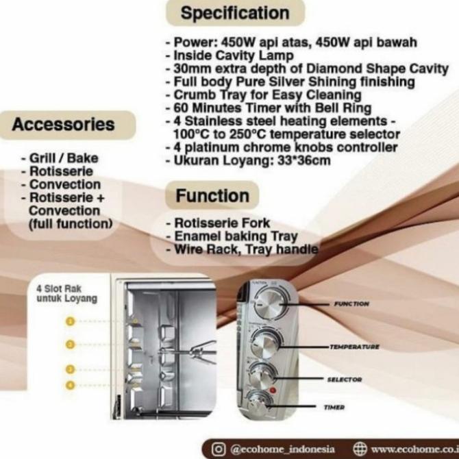 Oven Listrik Low Watt - Ecohome Oven Listrik Platinum 38 L - Eop 888