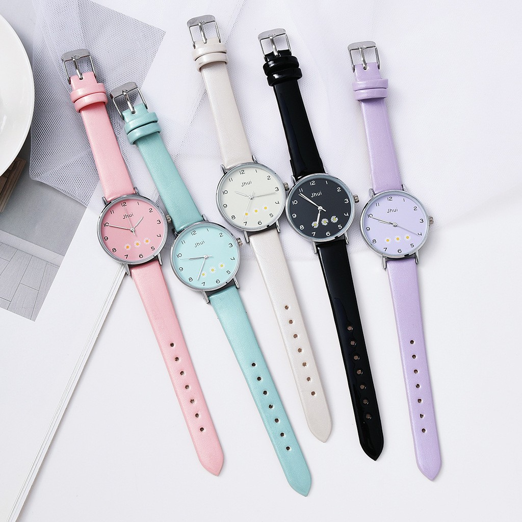 Jam Tangan Wanita Analog Quartz Motif Tiga Bunga Daisy Kecil Gaya Korea Fashion Import